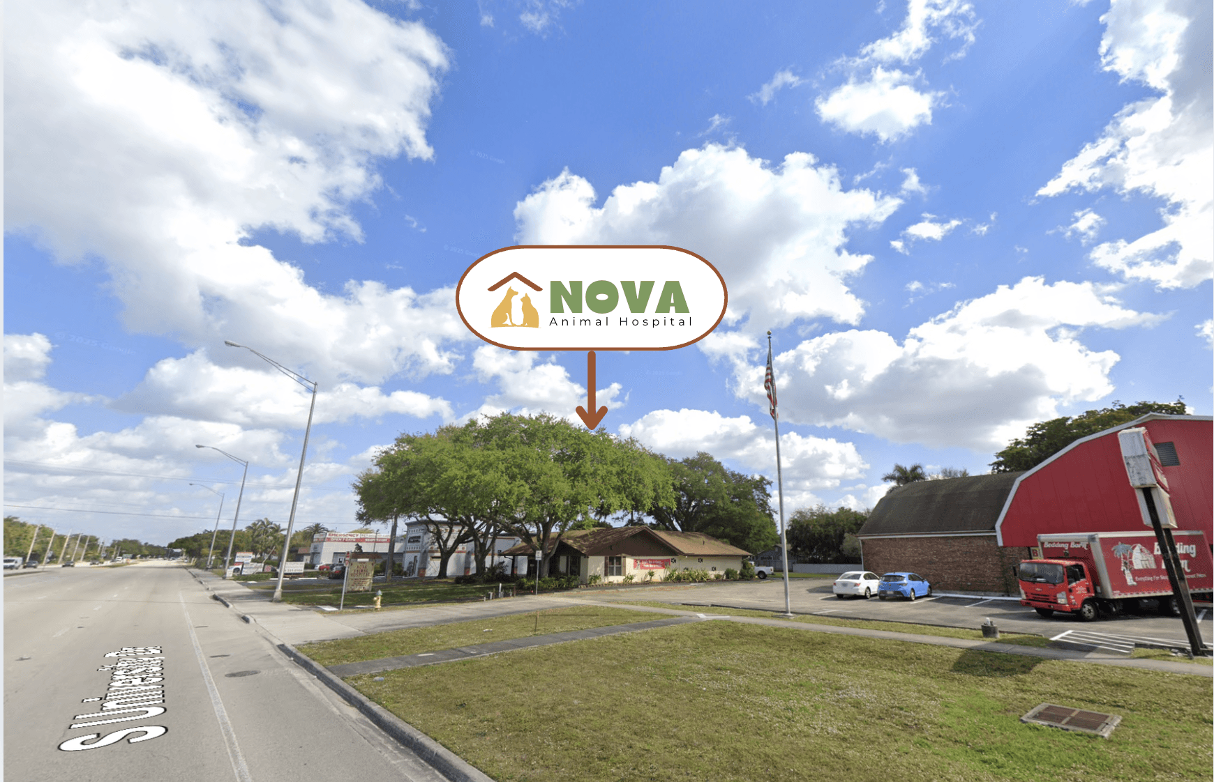 view looking north from S University Drive showing the right side of the road. an arrow points to the first right turn for The Bedding Barn and states "Overflow Parking Here", and another arrow points to the second right turn for the hospital with the hospital logo.