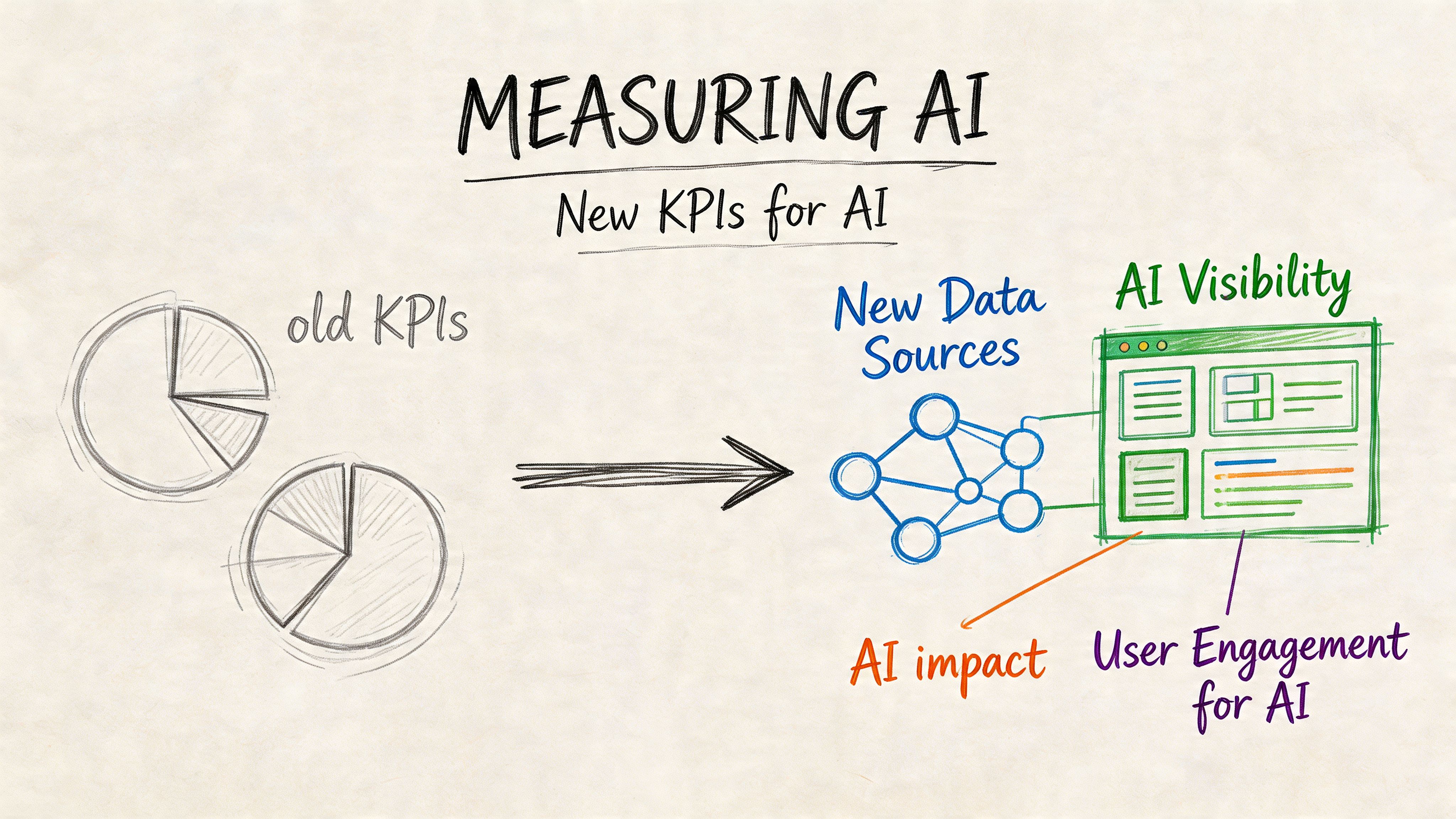 A hand-drawn illustration showing the shift from old KPIs to new AI-focused metrics and data sources.
