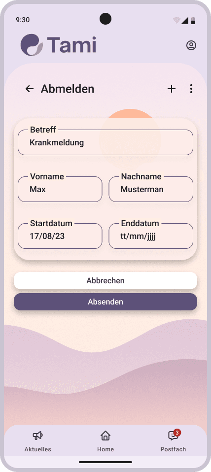 High-Fidelity-Design der Abmeldeseite der Tami App.