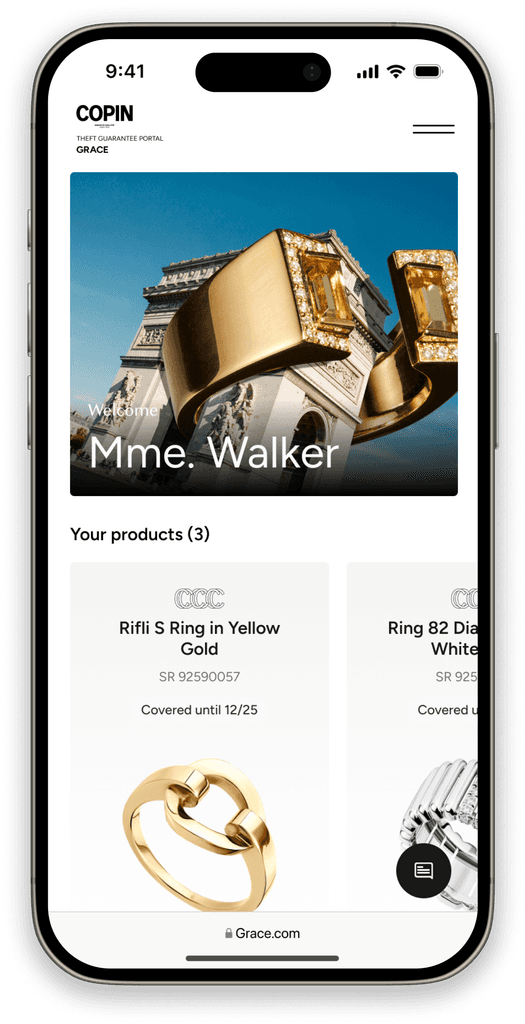 Interface mobile du portail COPIN x GRACE affichant les bijoux assurés d'un client