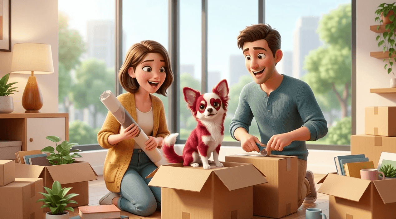 Un couple qui emmenage dans un appartement, avec un chihuahua rouge : la mascotte de Heqta