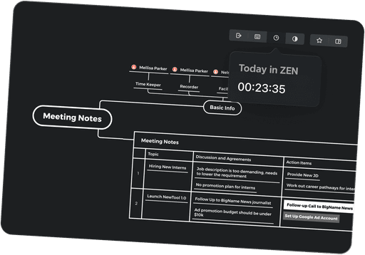 Meeting notes outlining hiring new interns and launching NewTool 1.0, with discussions, agreements, and action items listed in a table format.