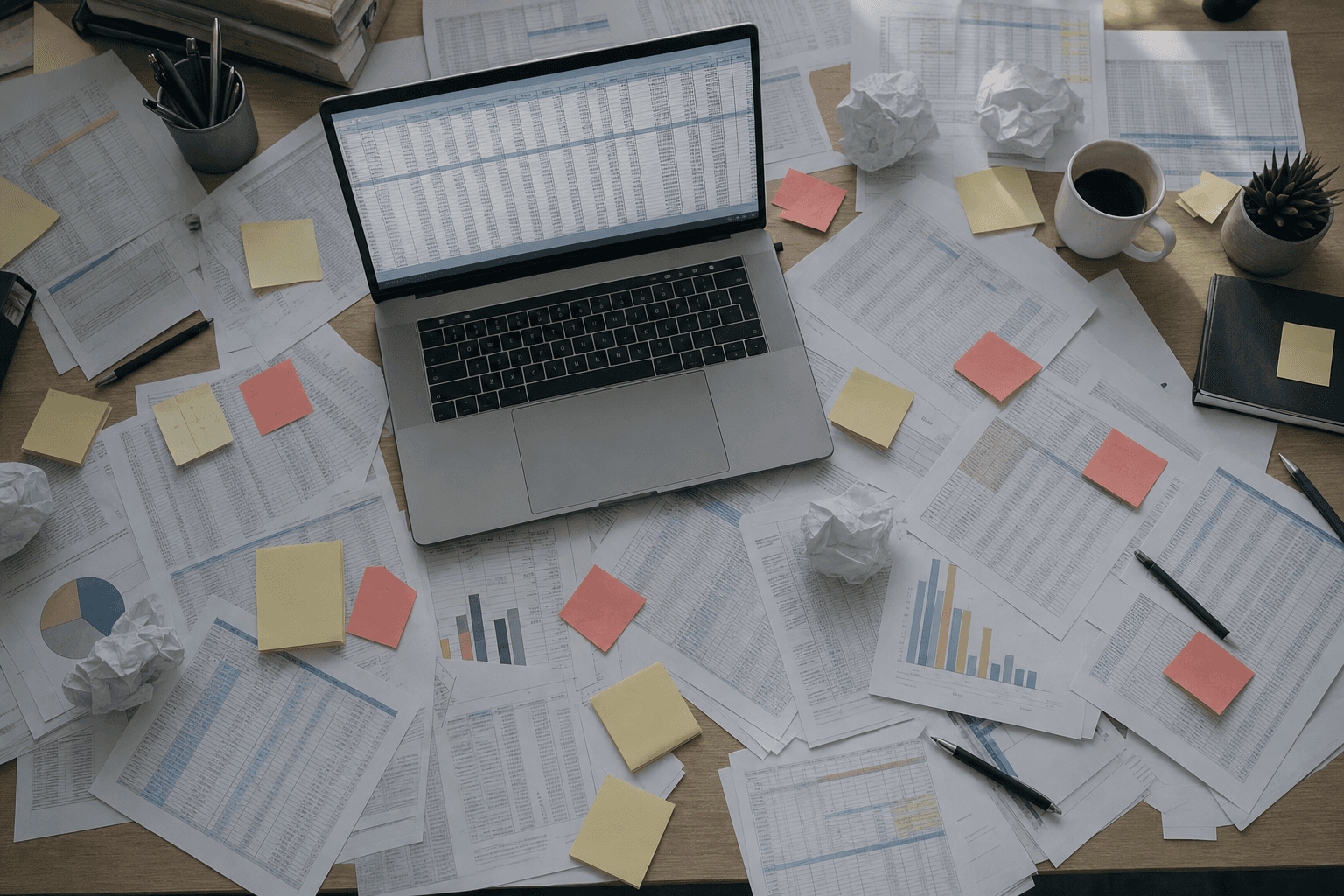 A bird's eye view of a chaotic desk workspace showing multiple overlapping spreadsheets, scattered CSV files, sticky notes with reminders, and a laptop screen displaying rows of data. The scene should convey disorganization and manual work overload in a modern office setting. Use muted colors with touches of red and yellow to suggest stress and inefficiency. Photorealistic style, soft lighting.