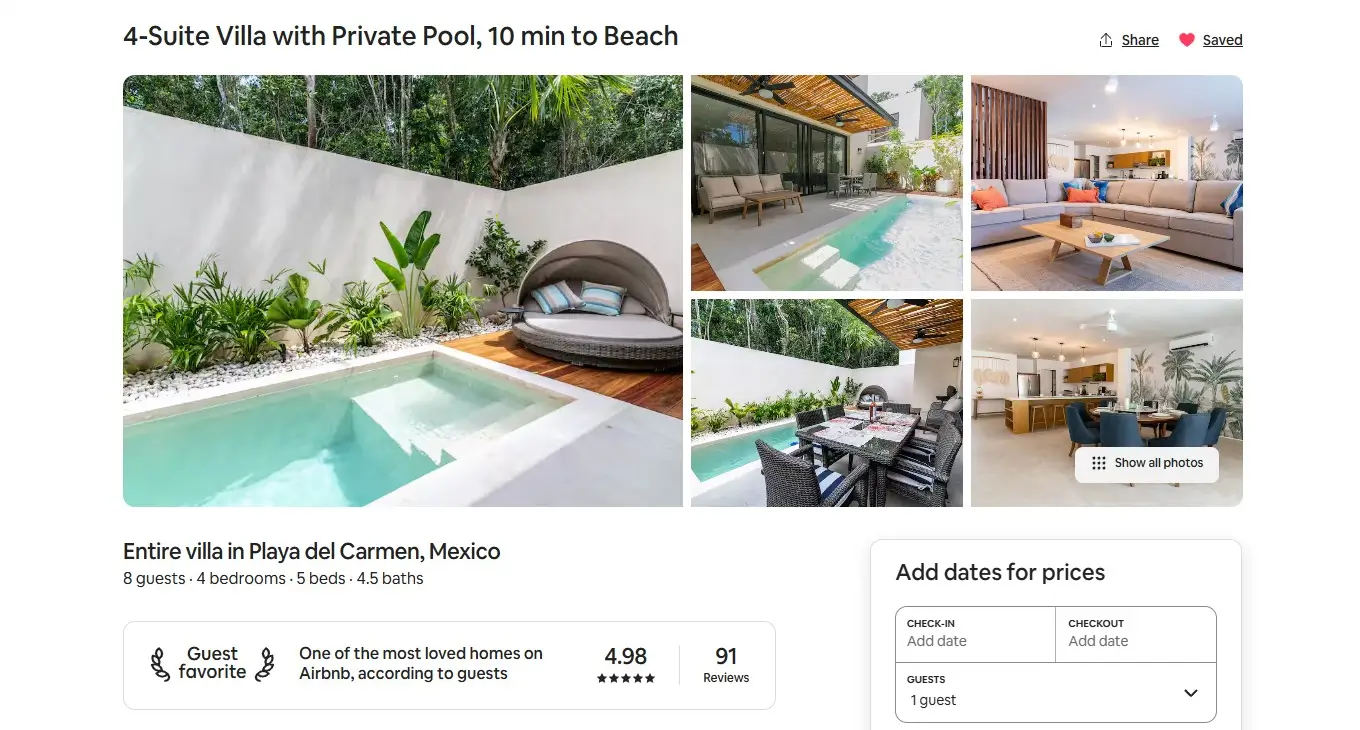 Screenshot of our Airbnb listing and description in Playa del Carmen, Mexico