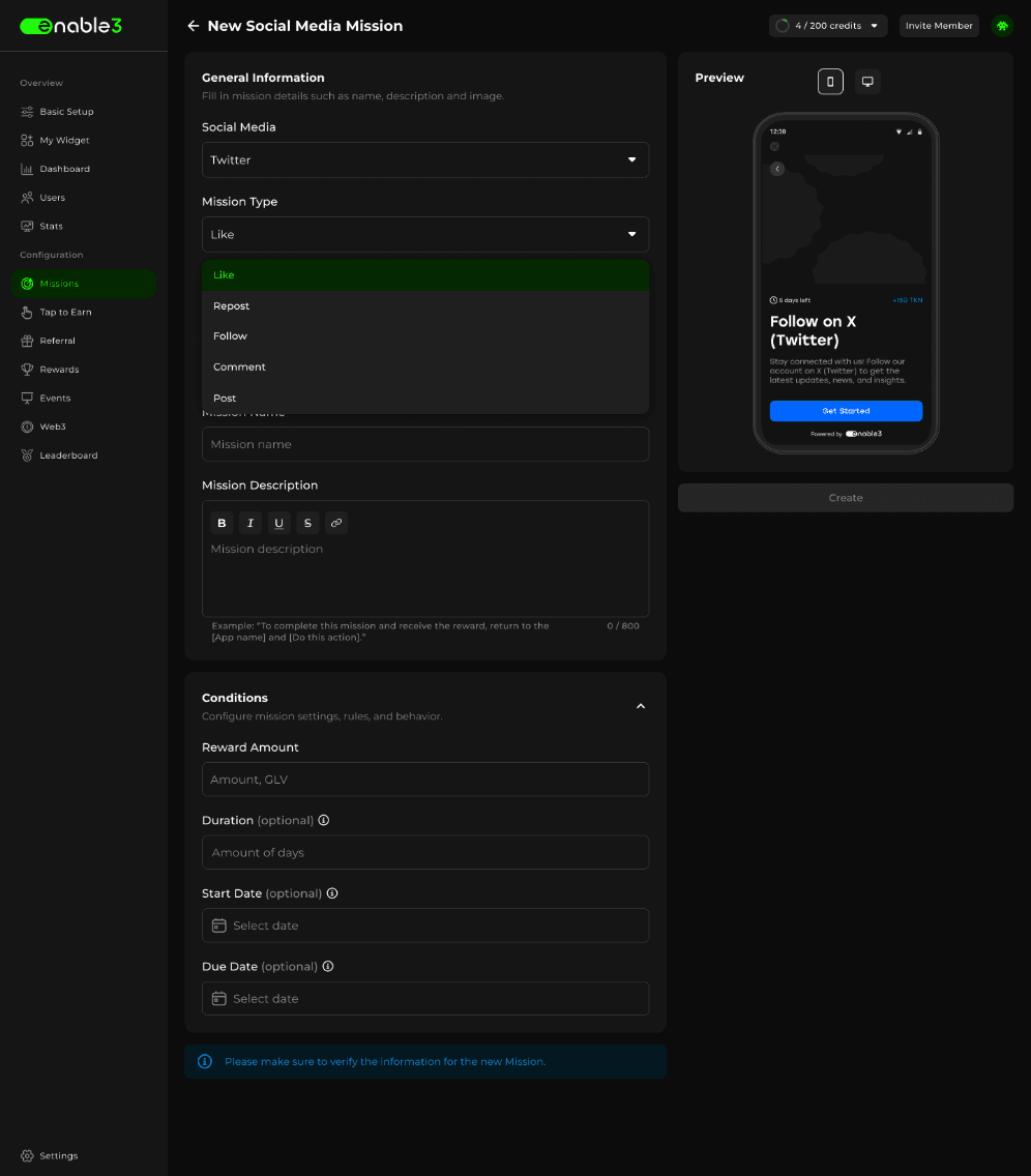 Enable3 interface for creating a new social media mission with reward type and duration settings