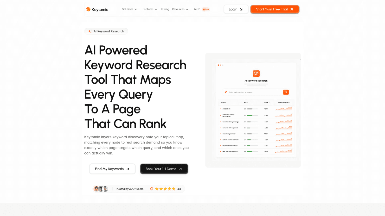 Keytomic AI keyword research feature page