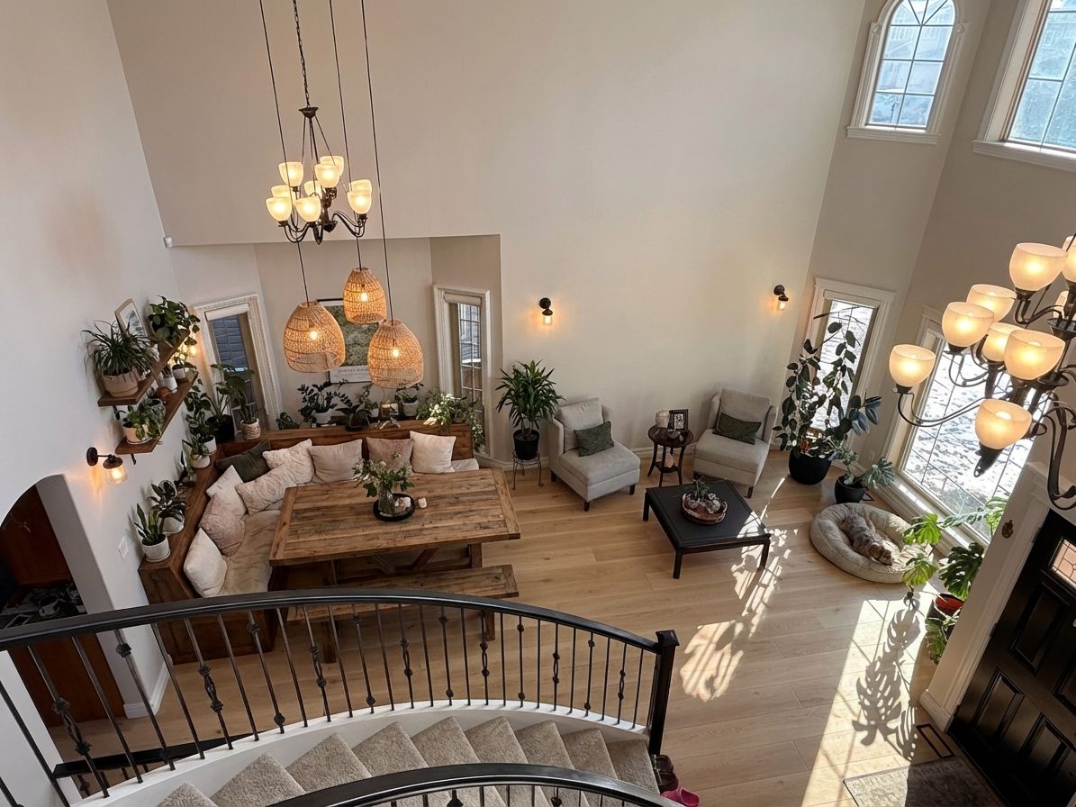 Cozy dining nook with banquette seating and plants designed by AI