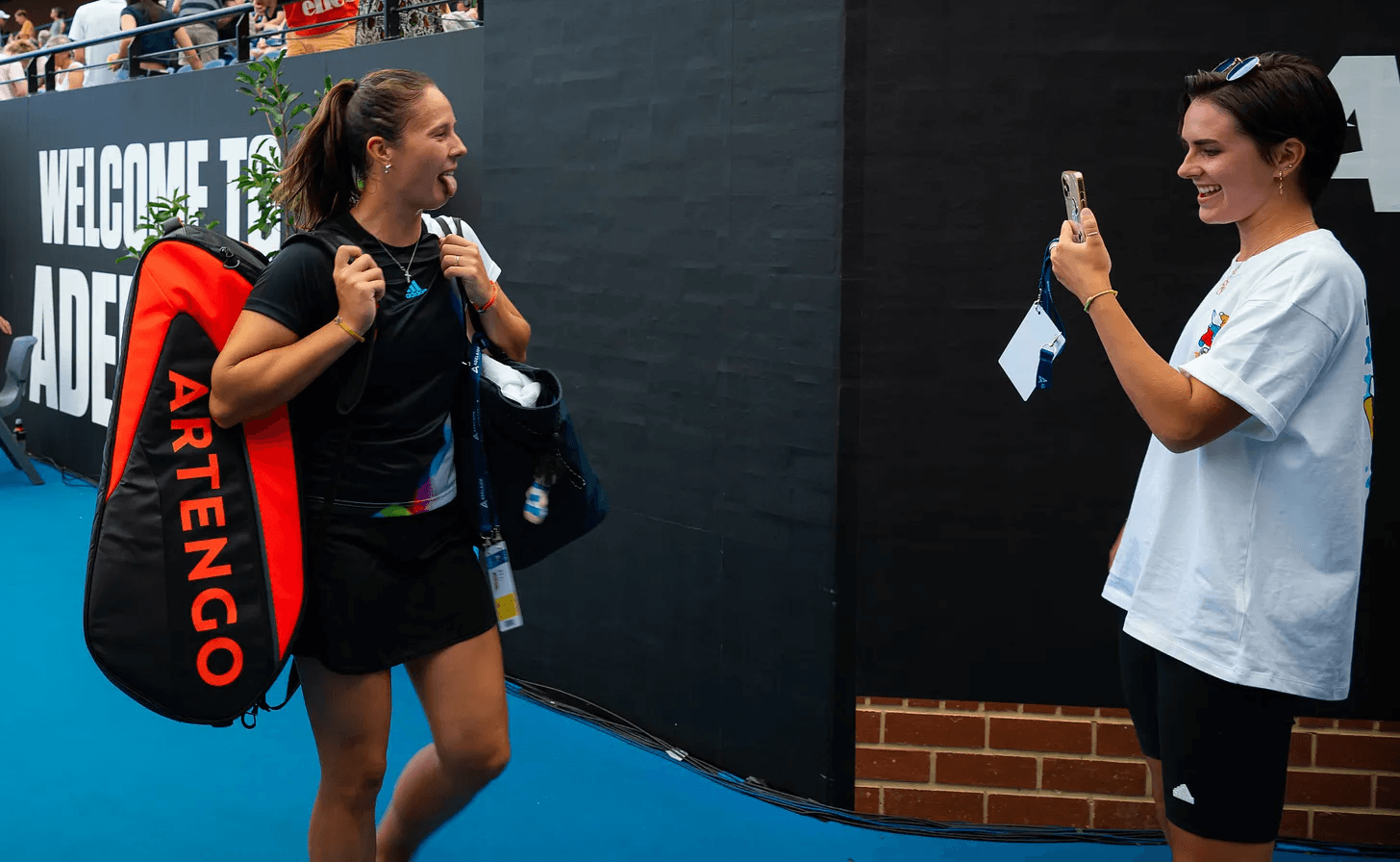 Daria Kasatkina clowns for the camera and girlfriend, Natalia Zabiiako, while shooting their popular video log about life on tour “What the Vlog”