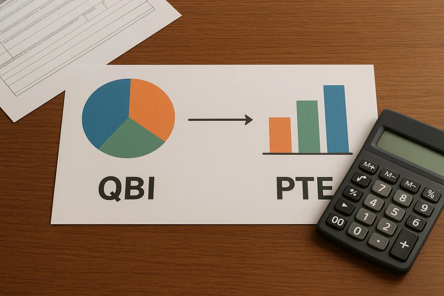 Table with two simple color-coded charts showing QBI and PTE connected by arrows, with generic tax forms and a calculator nearby.