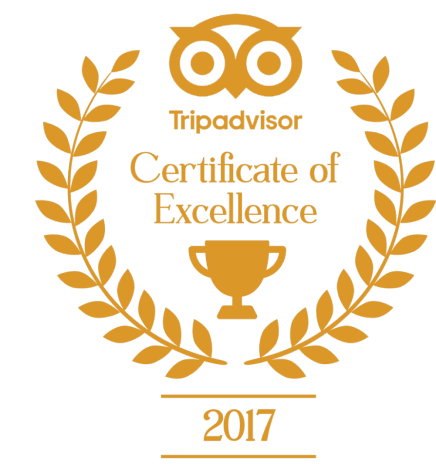 Tripadvisor Certificate of Excellence 2017 award for Uprising Beach Resort, featuring an owl logo and trophy.