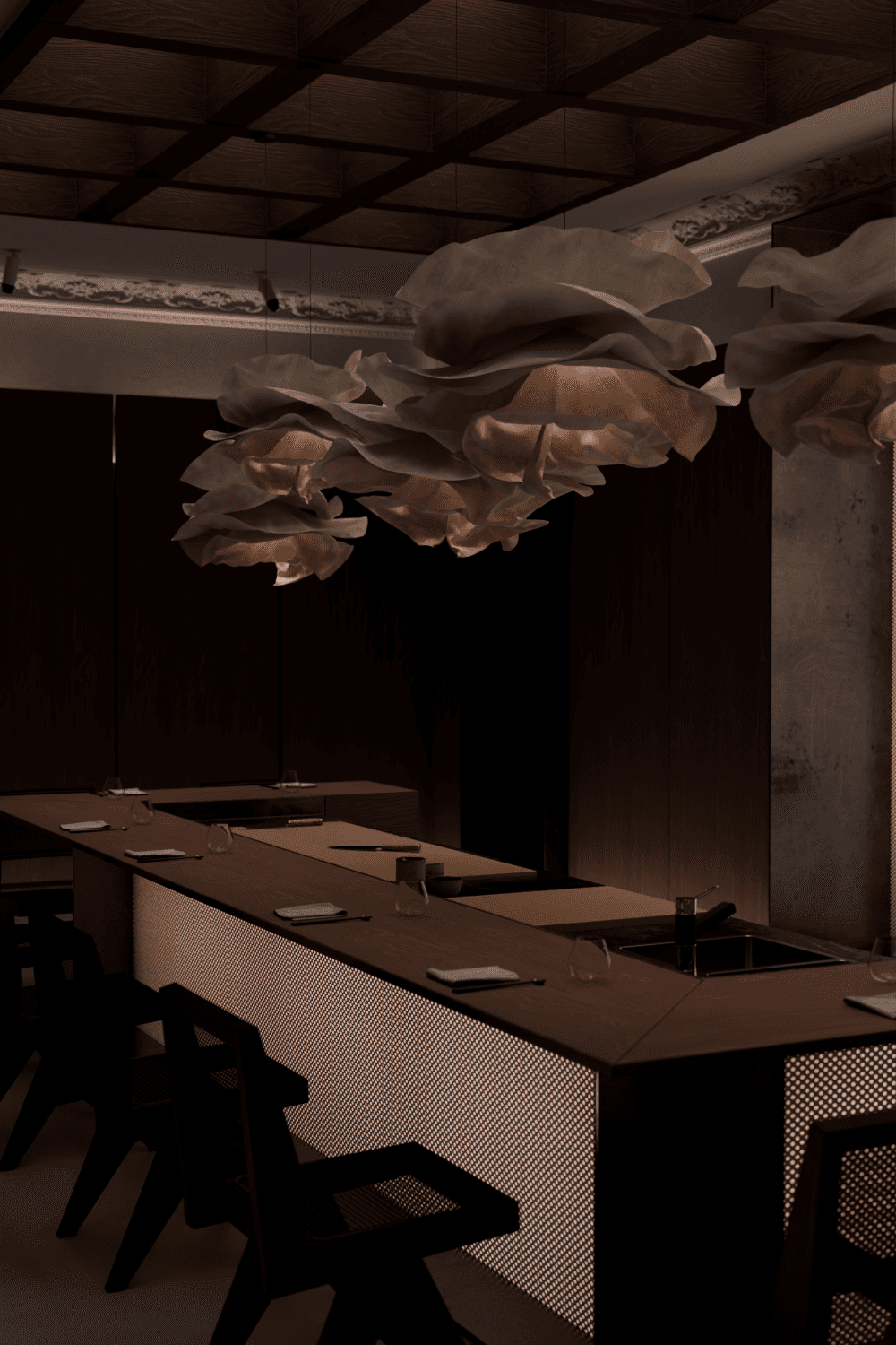 Rendu 3D vue intérieure d'un restaurant omakase parisien, suspensions sculpturales et comptoir en enfilade — Aure Moukala