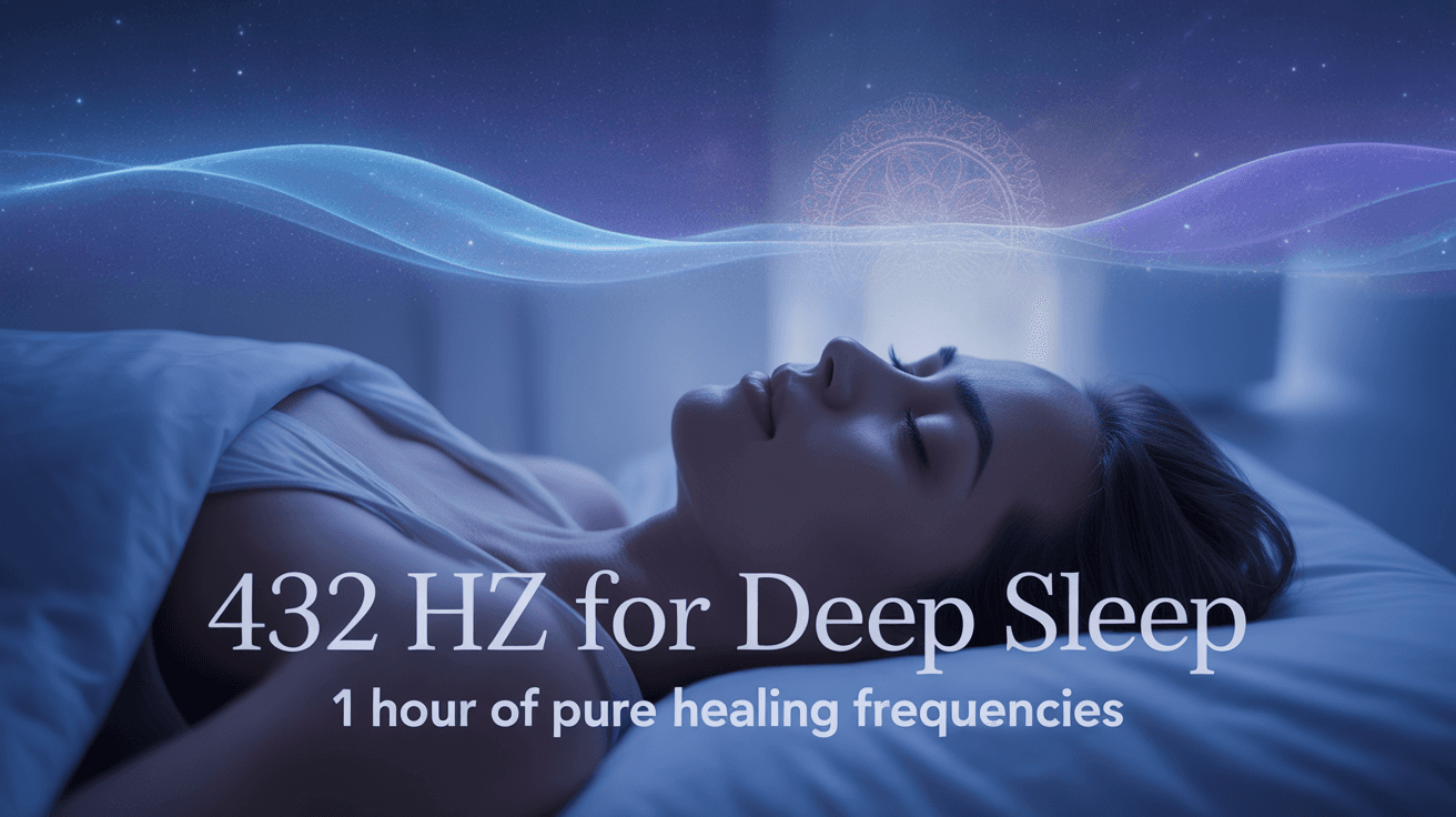 Sleeping figure under stars with glowing aura and 432 Hz for Deep Sleep text