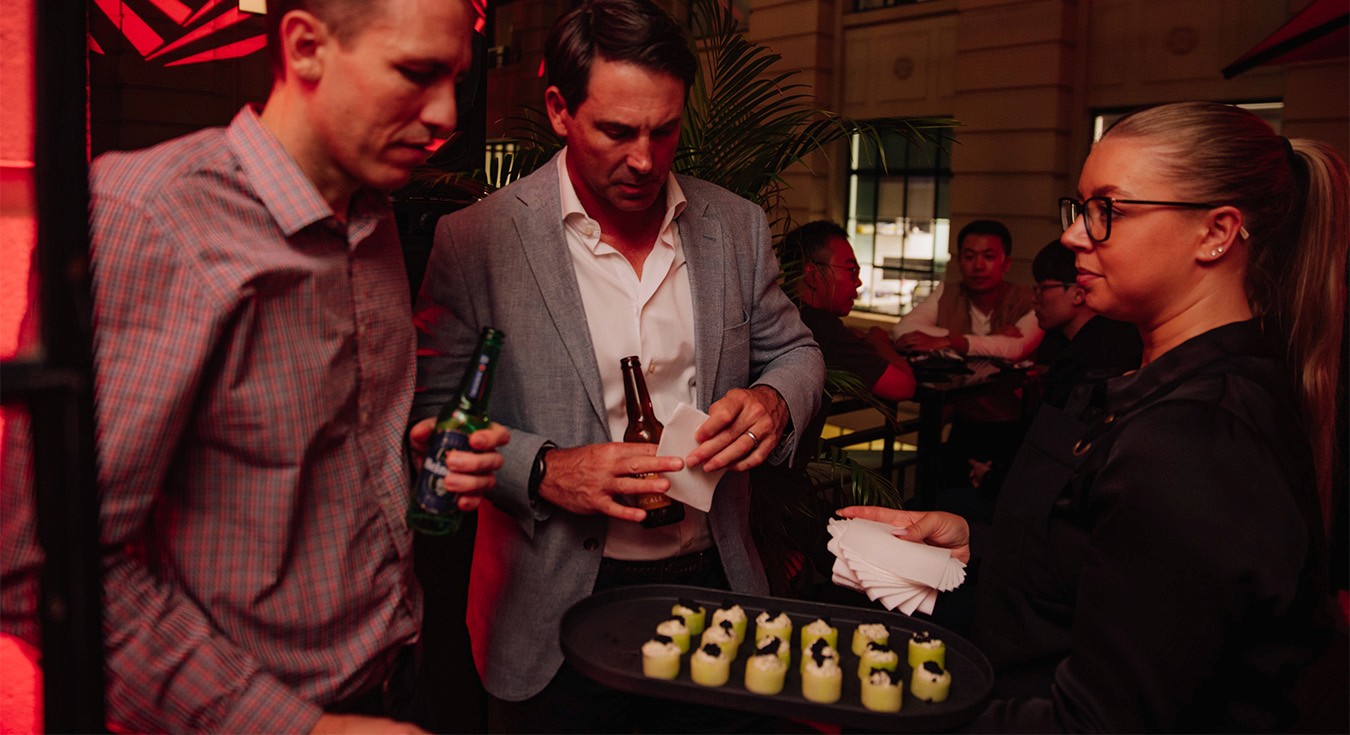 Canape service at an outdoor, rooftop corporate event
