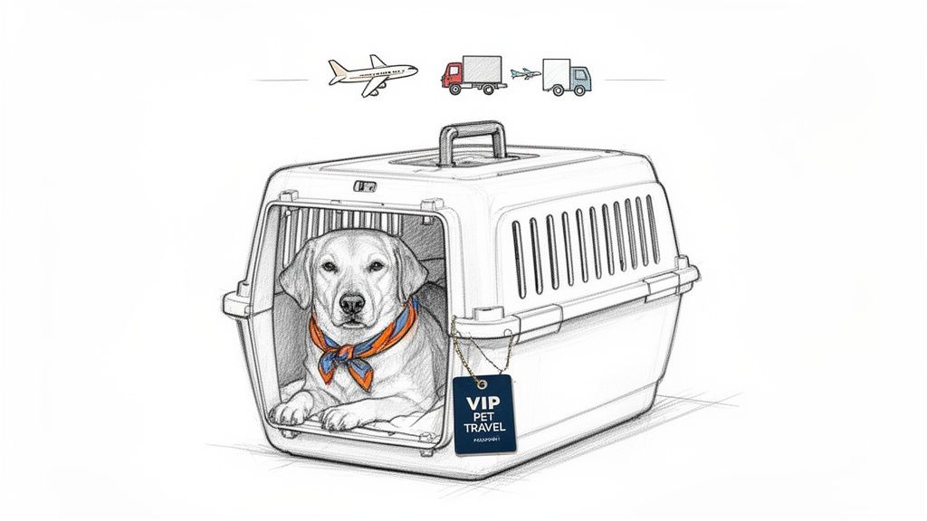 A drawing of a labrador in a pet carrier with VIP travel tag, showing airplane and trucks for pet transport.