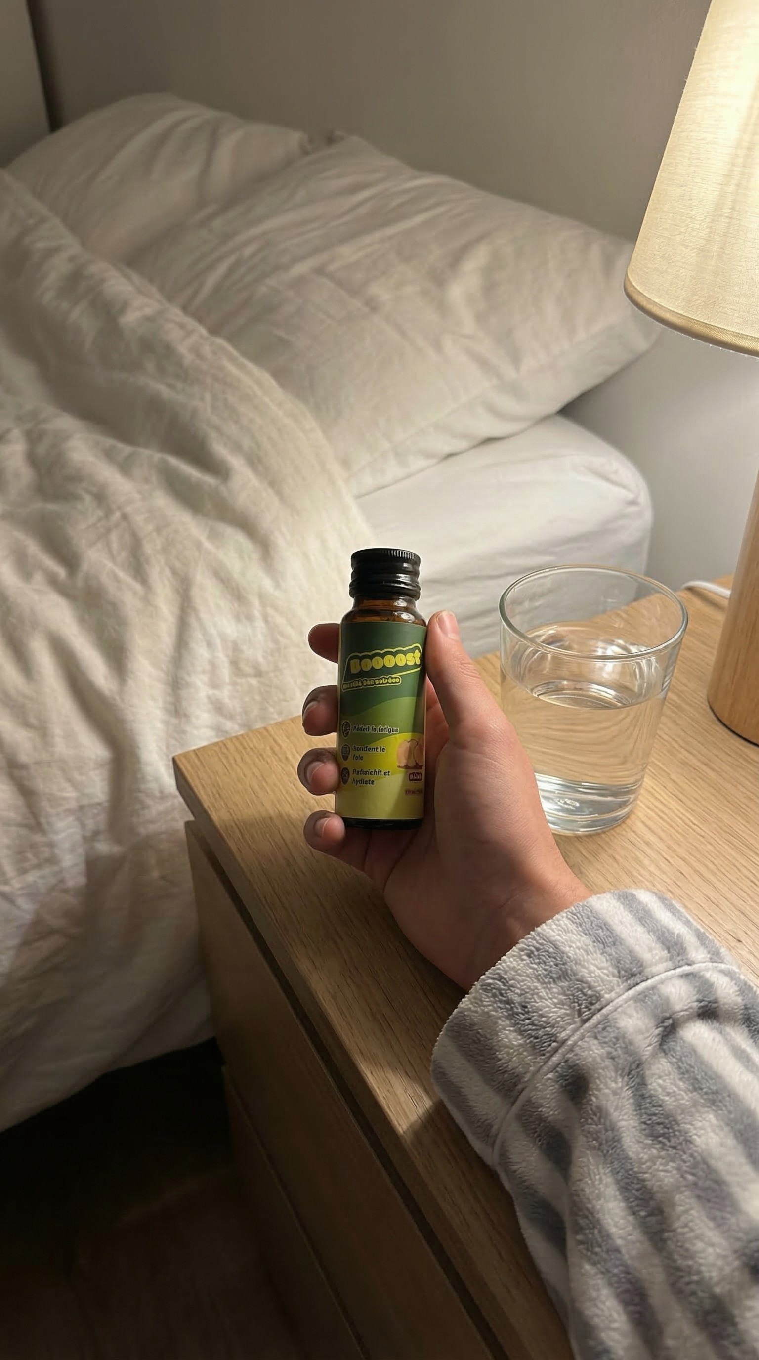 Une personne en pyjama dans sa chambre à Dijon, Bourgogne, consultant son téléphone avant de dormir avec un shot Boooost et un verre d'eau sur sa table de chevet pour une routine de récupération active.