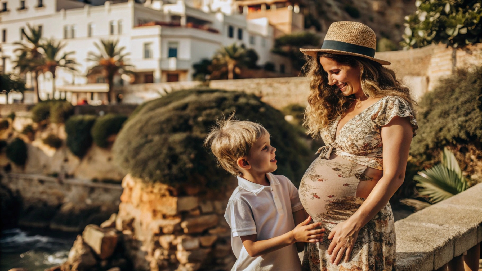 a pregnant woman with 5 yo child on vacation on the south of spain