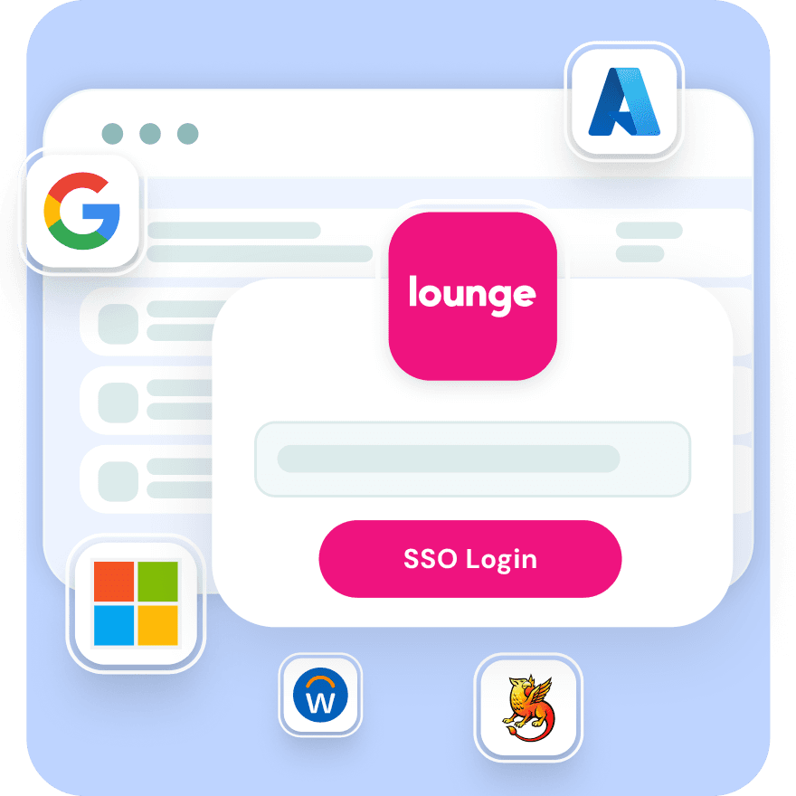 Lounge single sign-on interface integrated with Google, Microsoft, and campus systems like Workday