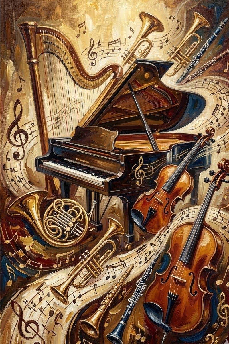 Piyano, keman, arp ve üflemeli çalgıların dinamik bir kompozisyonda birleştiği; uçuşan nota sembollerinin eşlik ettiği, canlı fırça darbeleriyle hazırlanmış yağlı boya dokulu jenerik klasik müzik kolajı.