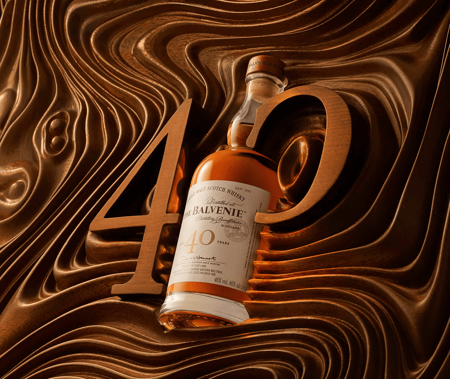A stylized design featuring the number "40" alongside a whiskey bottle, set against a textured brown wooden background.