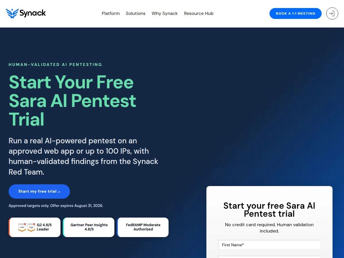 Synack free Sara AI Pentest trial for an approved web app or up to 100 IPs, expiring August 31 2026