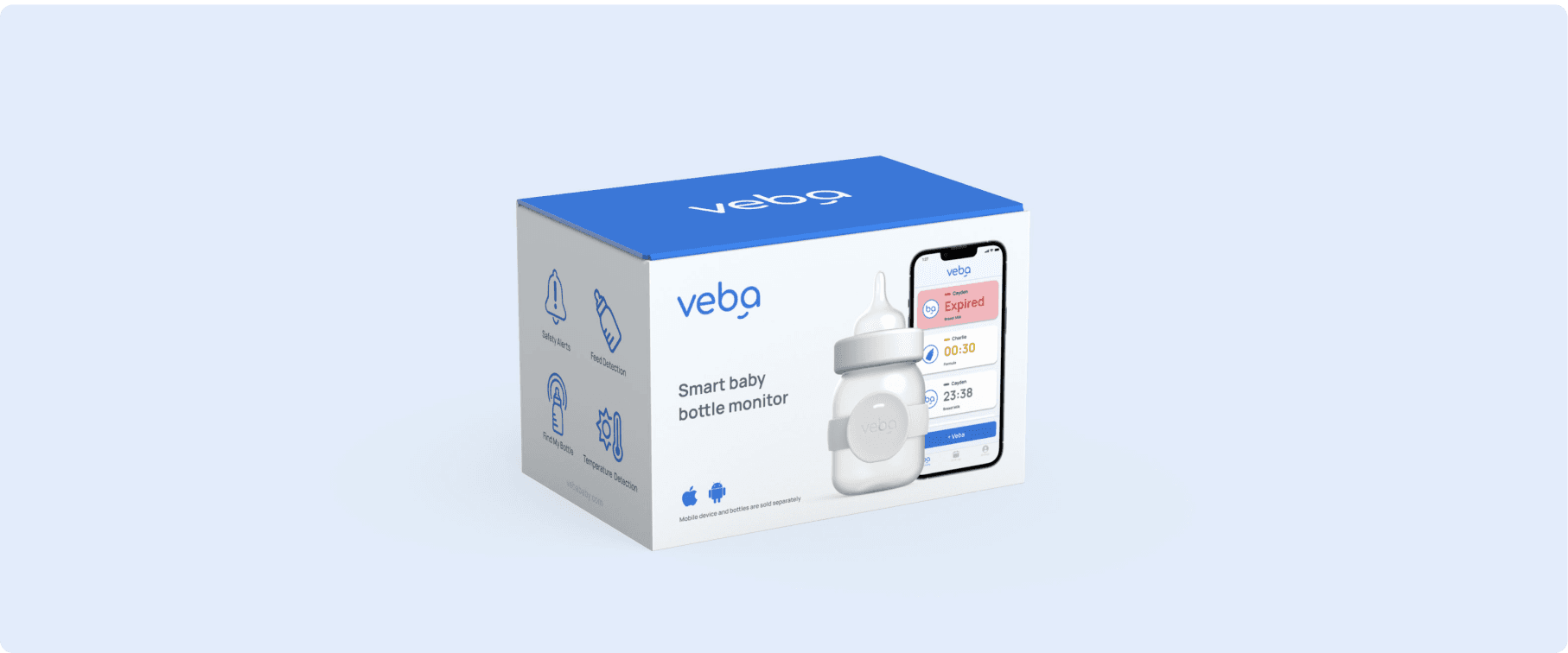 Package design for smart baby monitoring devices, featuring sleek, modern graphics with clear product images and a minimalist aesthetic for easy product identification.