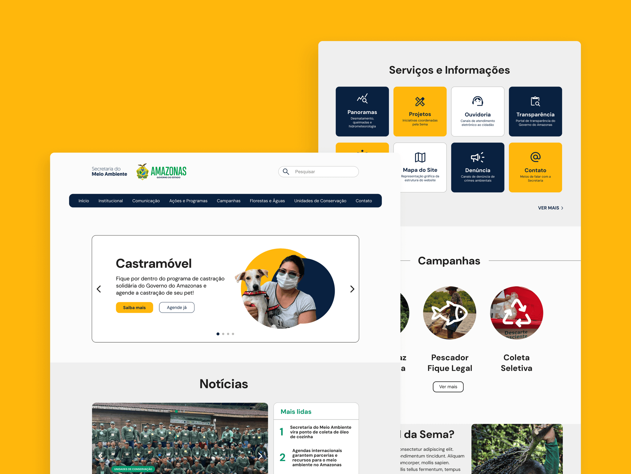 telas sobrepostas do design proposto do site da Sema