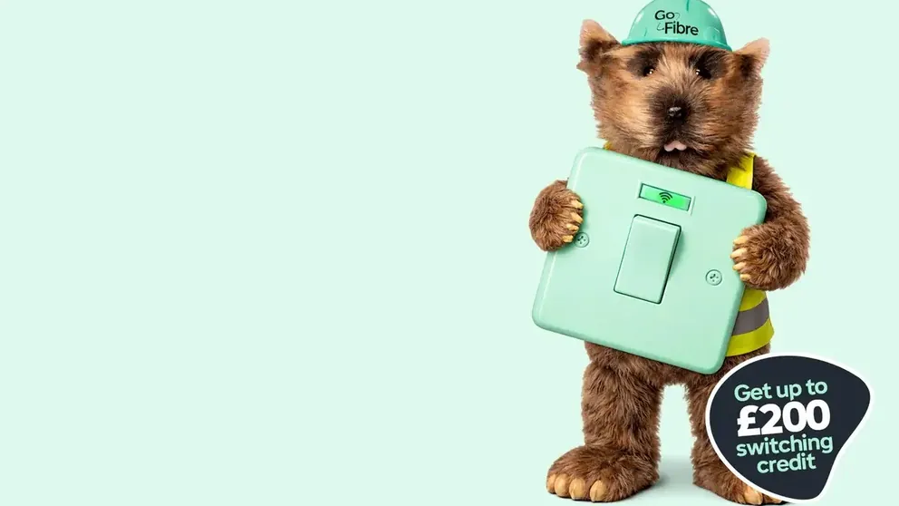 Go Fibre mascot holding a smart light switch alongside a £200 switching credit offer