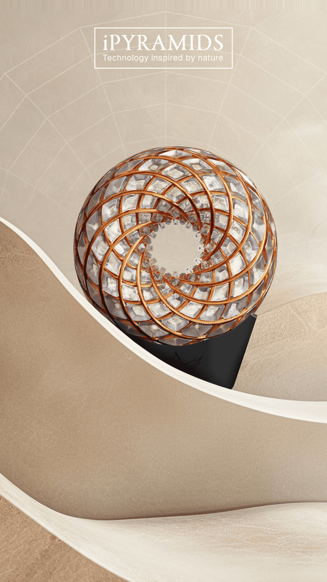 Futuristic spiral sculpture with geometric network design.