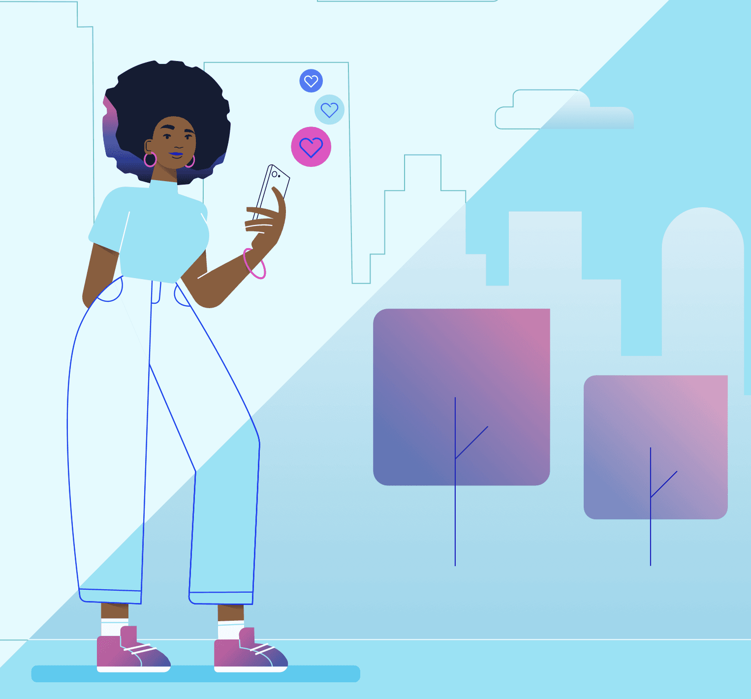 A sporty animated character holds a phone, with heart bubbles emanating from it signifying likes.
