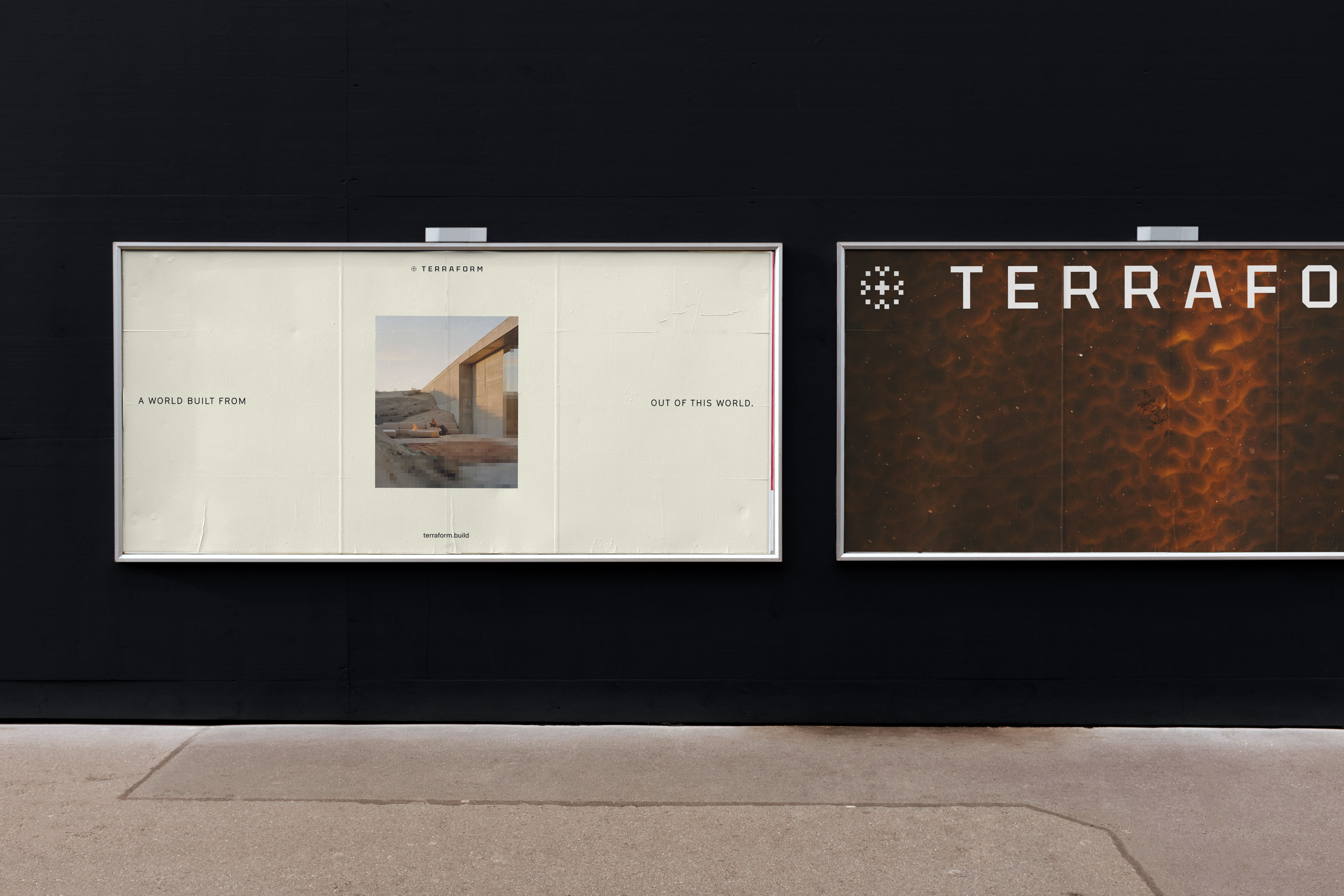 Streetside billboard with flyposters of the Batch.Works brand and illustrations