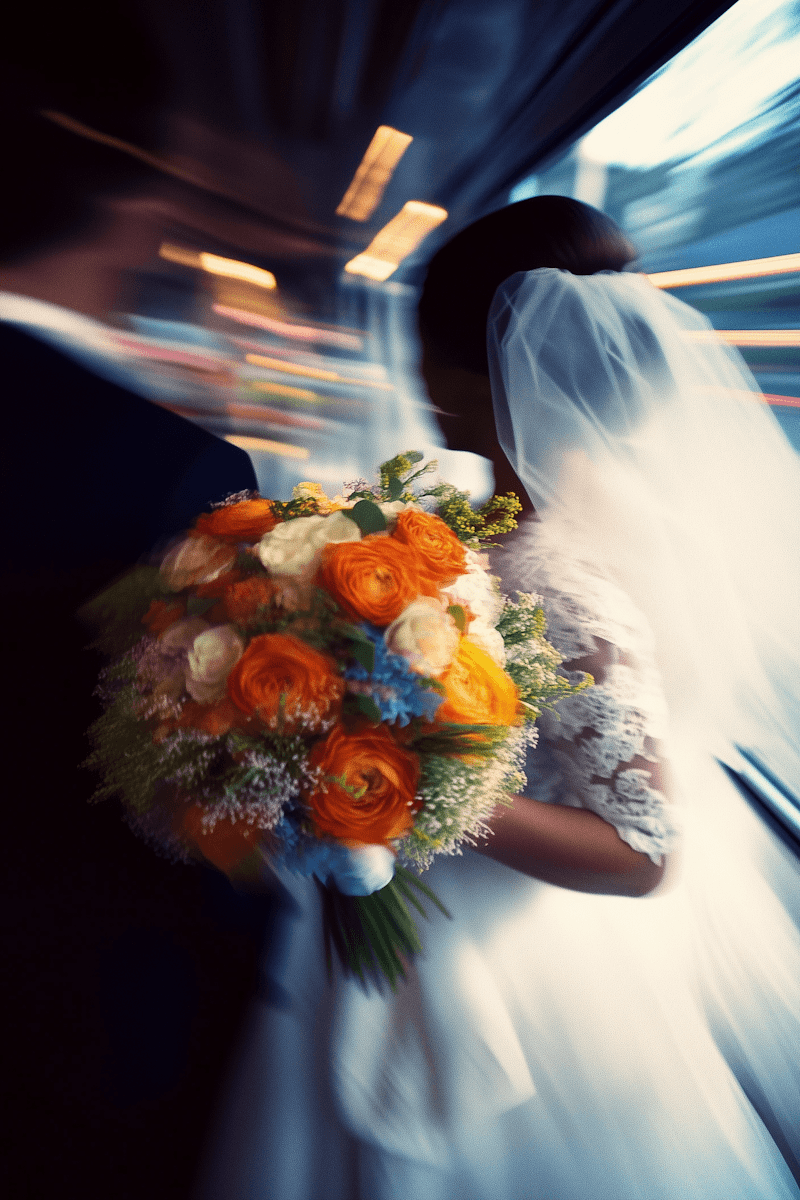 Bride holding a colorful flower bouquet while walking forward, captured with motion blur in a softly lit indoor setting.