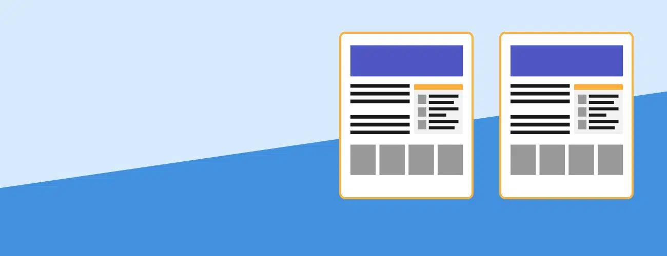 Illustration of two identical webpage mockups with headers, text lines, and a row of image placeholders, on a blue background.