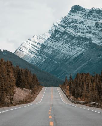 gray concrete road between trees near mountain