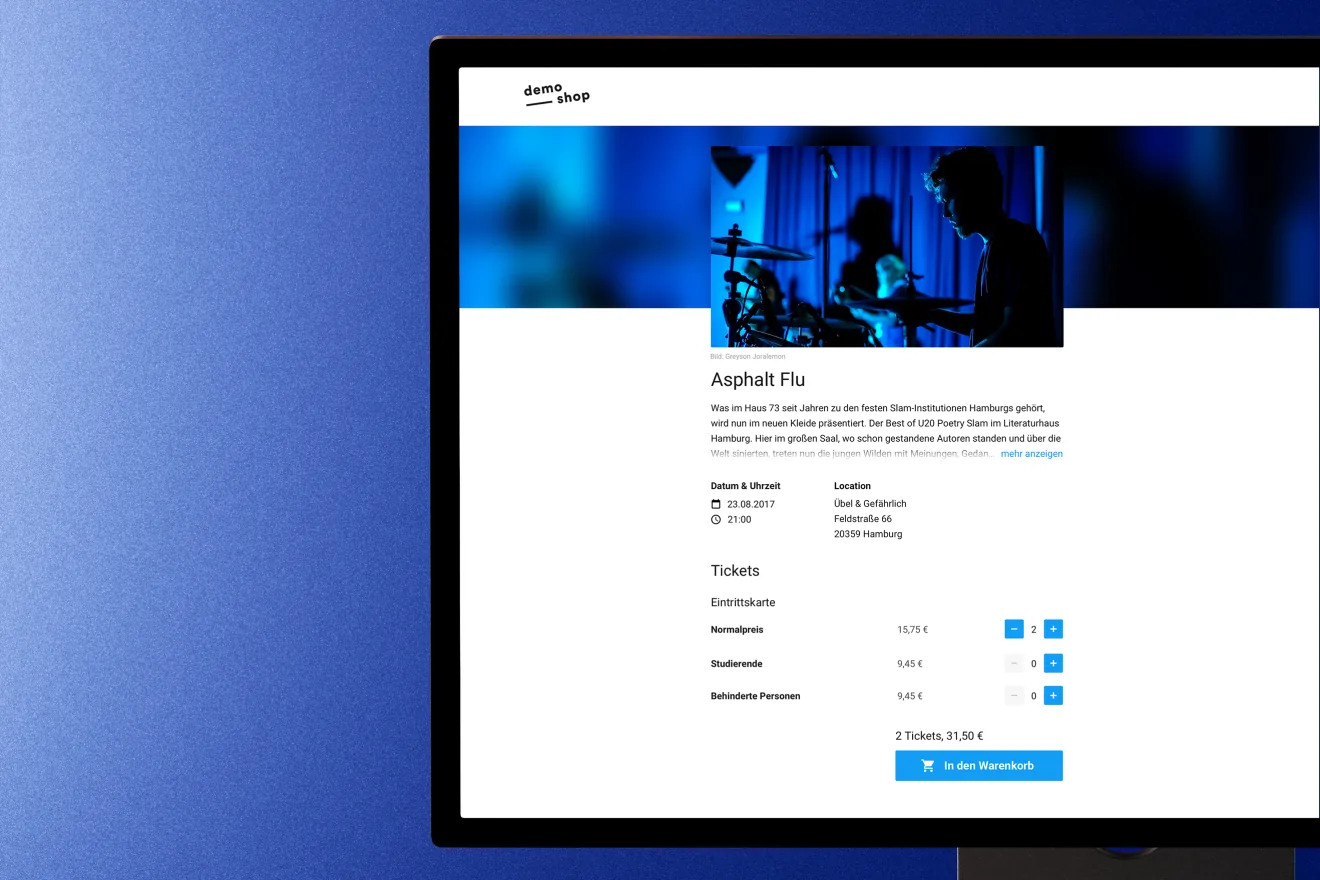 EVENTIM.Light Whitelabel-Ticketshop mit blauer Gestaltung und Veranstaltungsansicht.