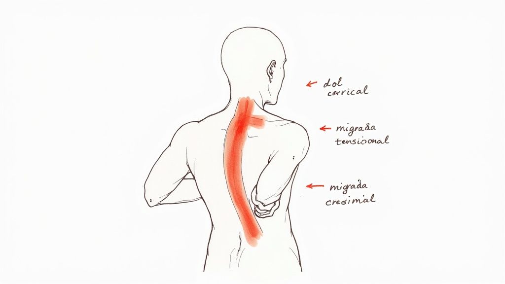 Ilustración de la espalda de una persona mostrando áreas de dolor cervical, migrañas tensionales y crecimial.
