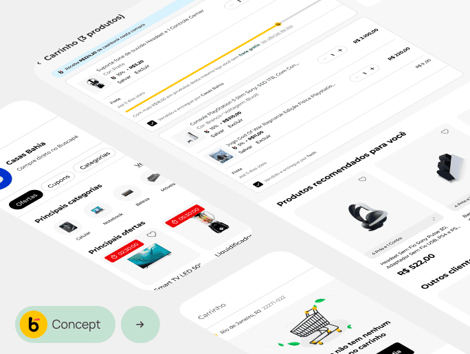 Múltiplas telas de smartphones exibindo página do lojista dentro do Buscapé e tela do carrinho de compras.