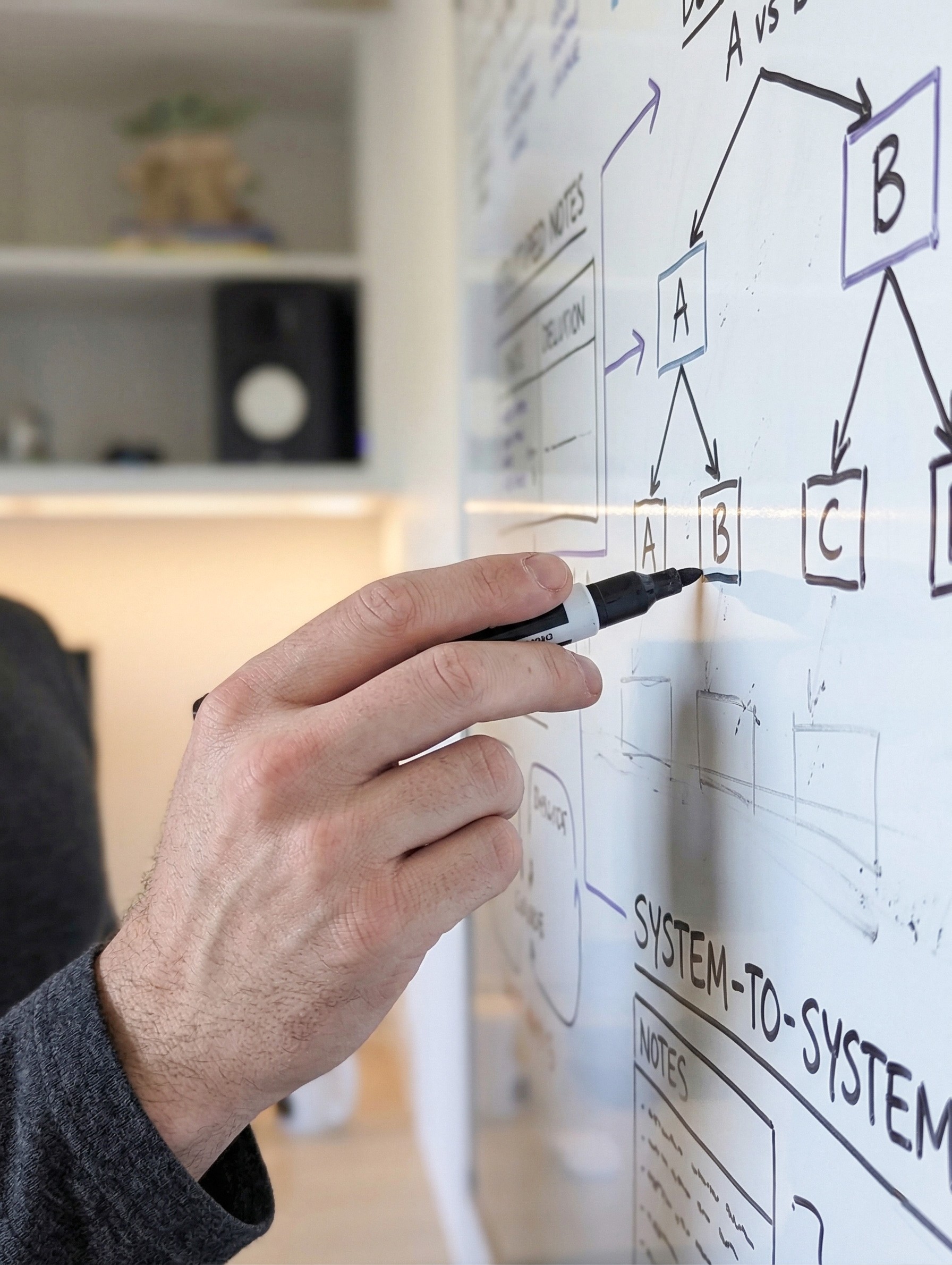 Hand drawing diagram on a whiteboard with a black marker.