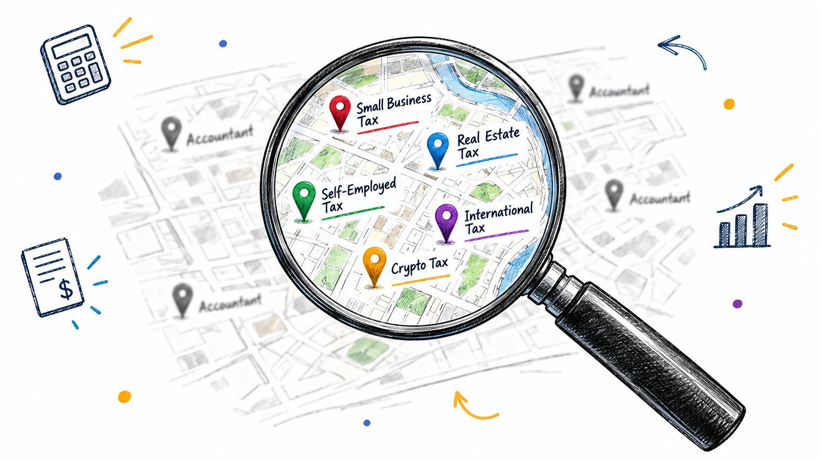 A magnifying glass focusing on various tax service categories on a map with accountant and business icons.
