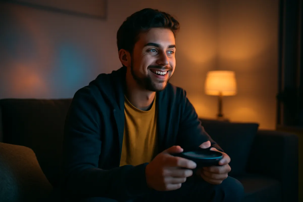 O que é o Game Pass Ultimate? Jovem sorrindo jogando videogame em um sofá confortável.