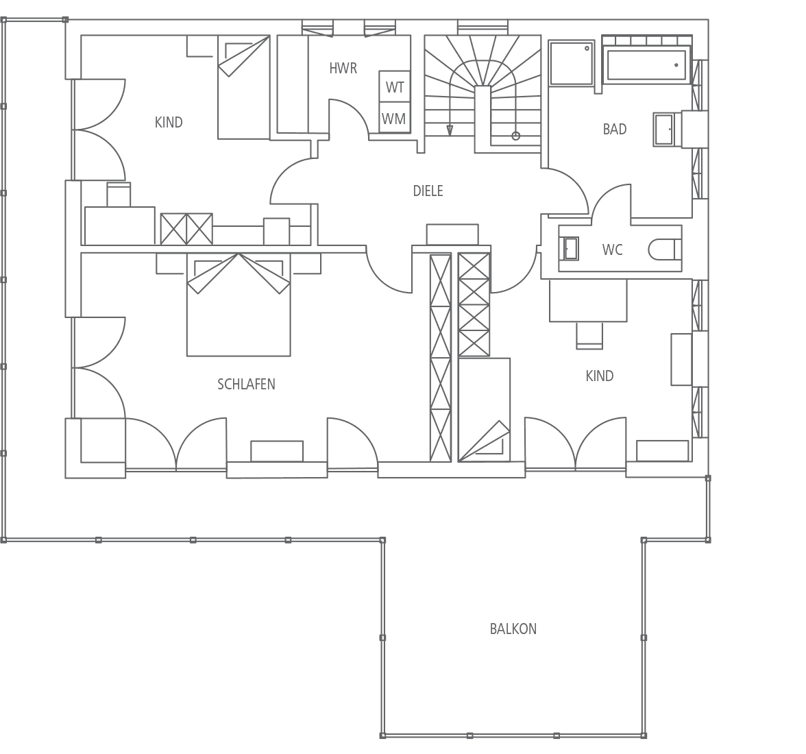 Grundriss eines Hauses mit zwei Kinderzimmern, einem Schlafzimmer, Diele, Bad, WC, HWR und Balkon.