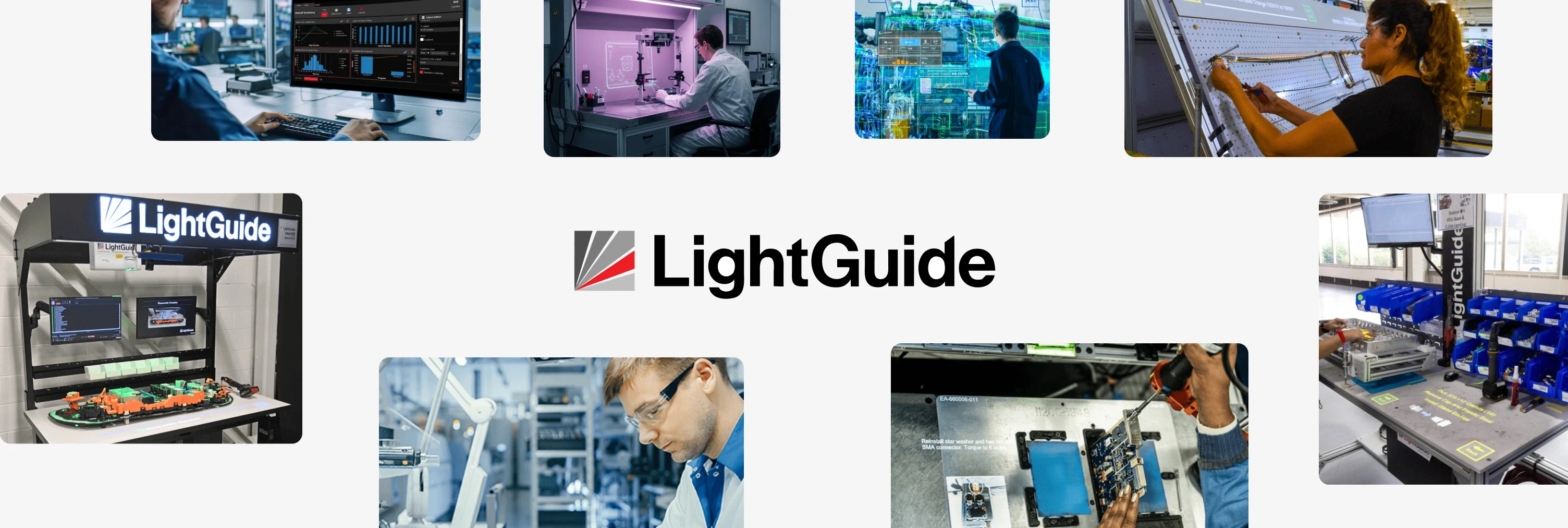 LightGuide logo with photos of projected AR work instructions displayed directly onto assembly workstations