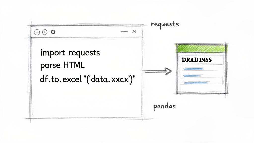 A sketch illustrating Python code using requests and pandas to scrape HTML data and export it to an Excel spreadsheet.