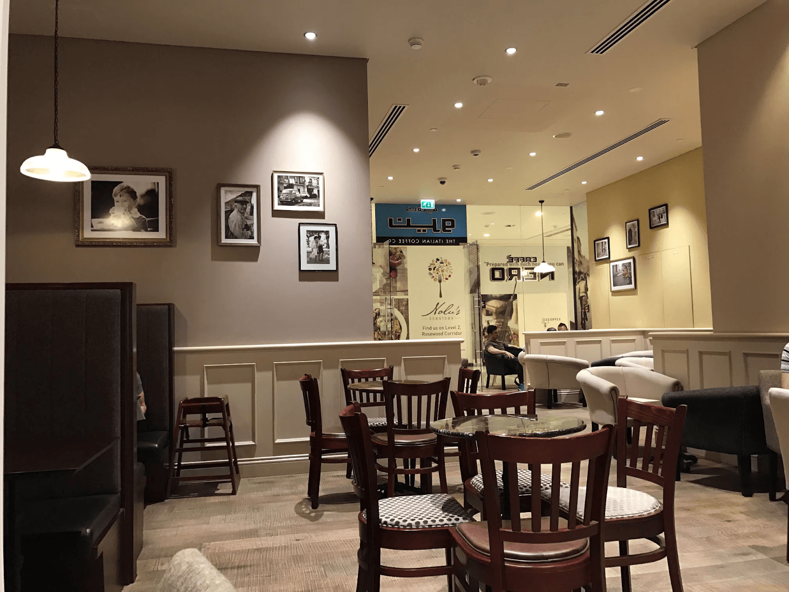 European-inspired cafe with modern classic decor at Caffè Nero inside the Galleria Mall, Abu Dhabi.