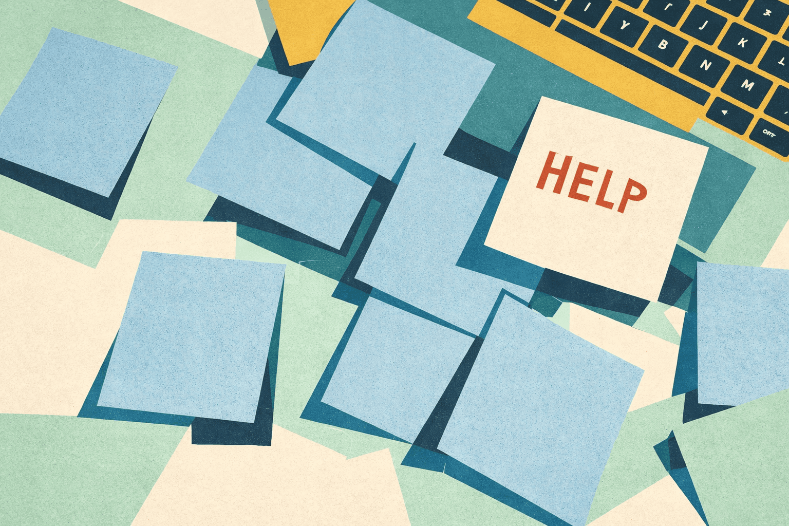 Post-it sparsi su una scrivania con la parola “help”, segnale di difficoltà e bisogno di orientamento in un contesto lavorativo che cambia