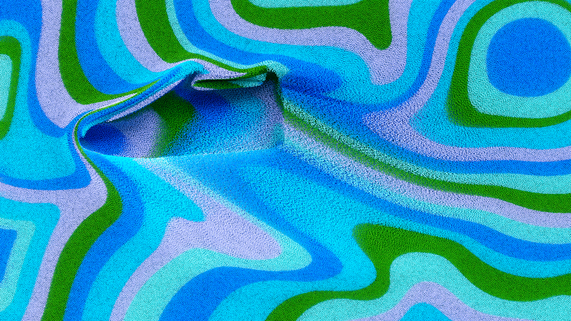 Close-up of a yellow tennis ball sitting on a green court, positioned near the white center line.