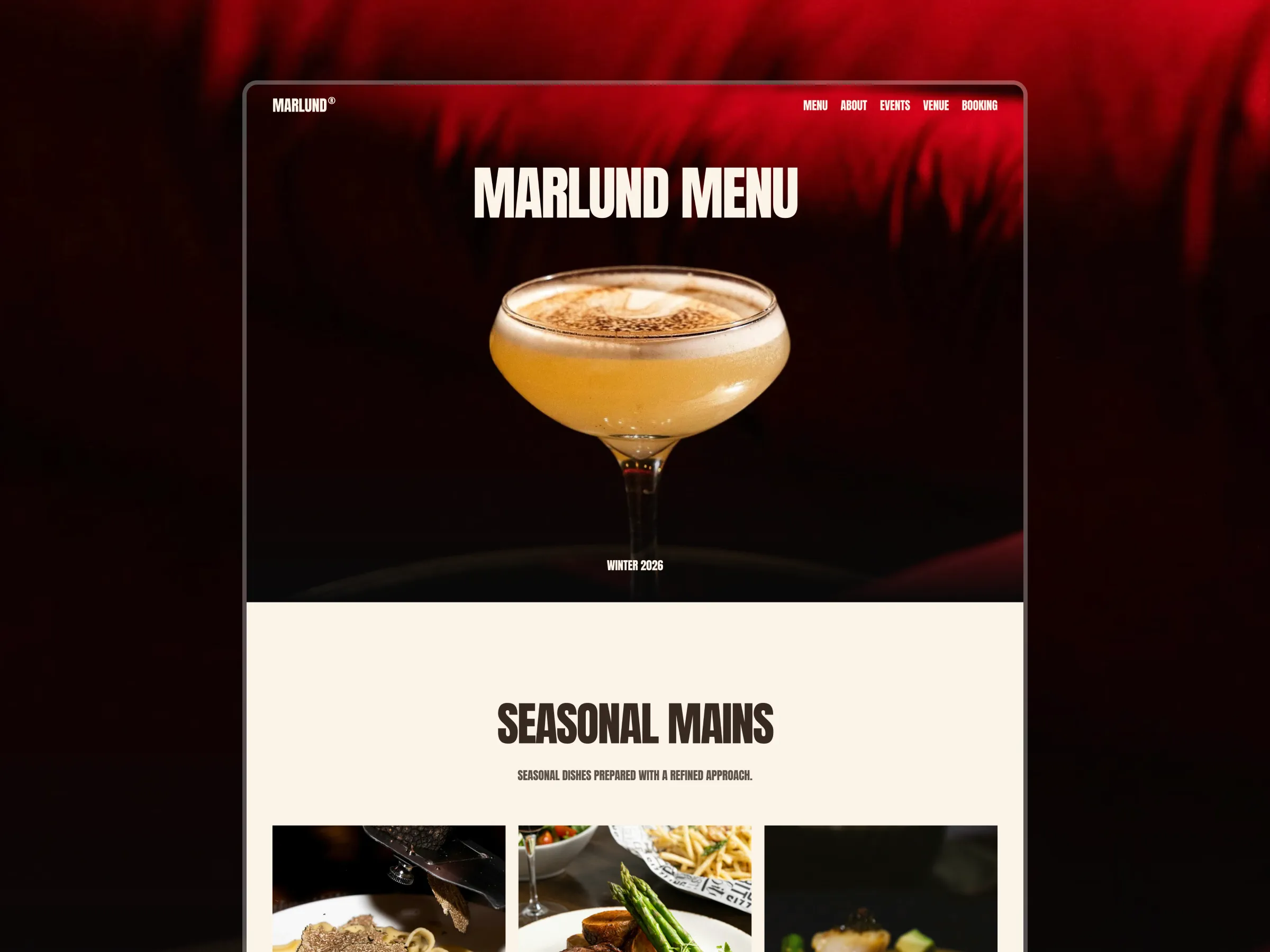 Restaurant menu page displayed on a desktop screen with a large cocktail image in the header and clearly structured seasonal main dishes listed below.