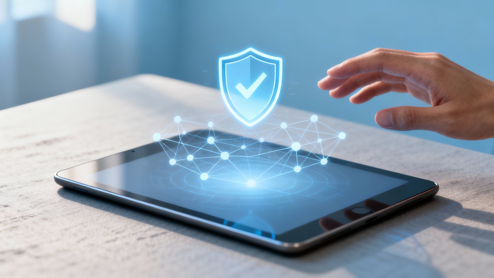 Hand reaching for a tablet displaying a glowing blue security shield and digital network.