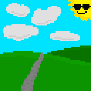 Pixel art of rolling grass hills with a cobblestone path under blue skiesand the sun in the corner wearing sunglasses