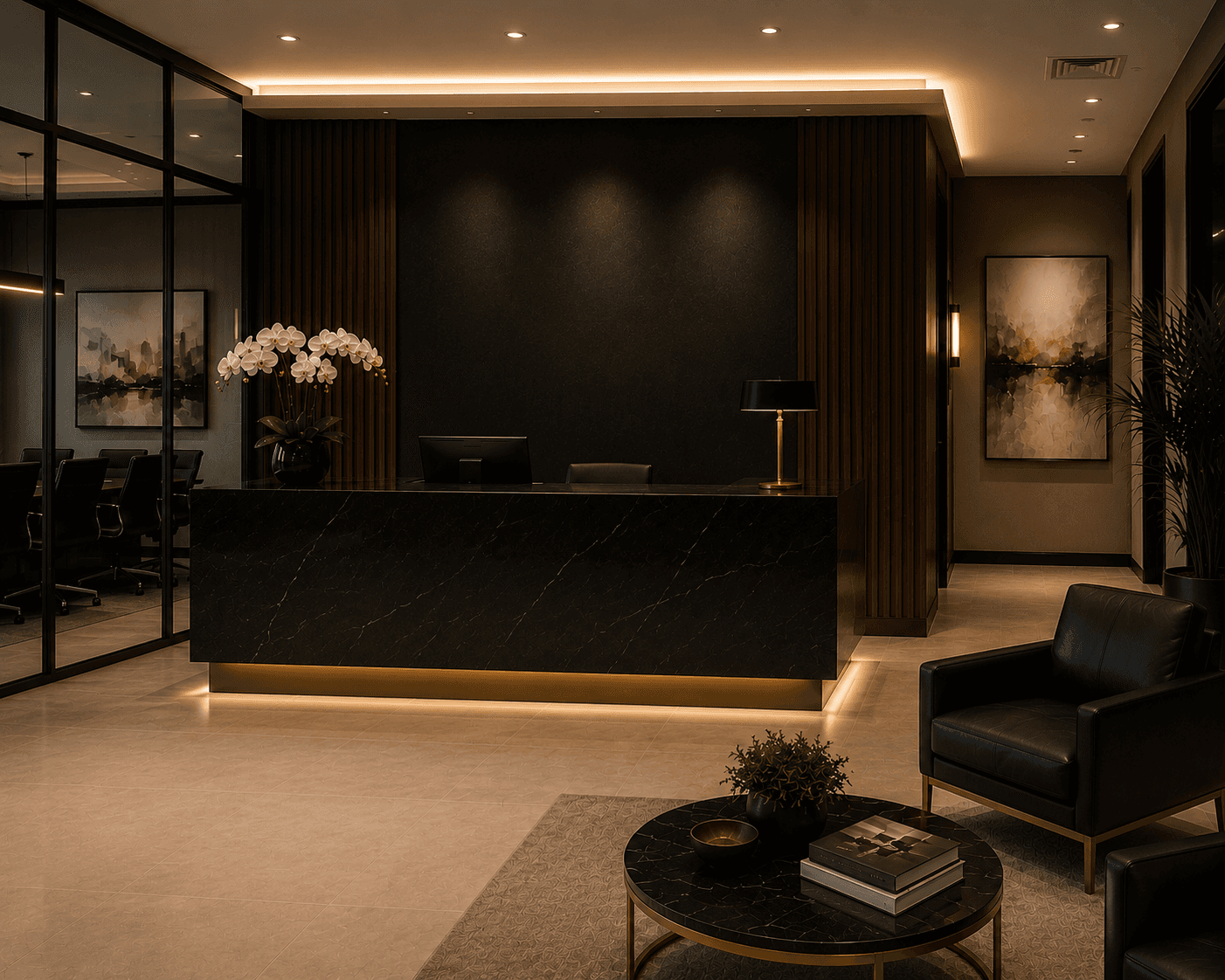 Executive office reception with black marble desk and orchids