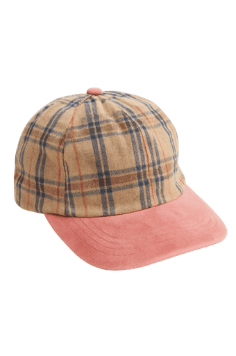 A beige and navy plaid baseball cap with a pink suede brim, featuring a classic style and casual design.